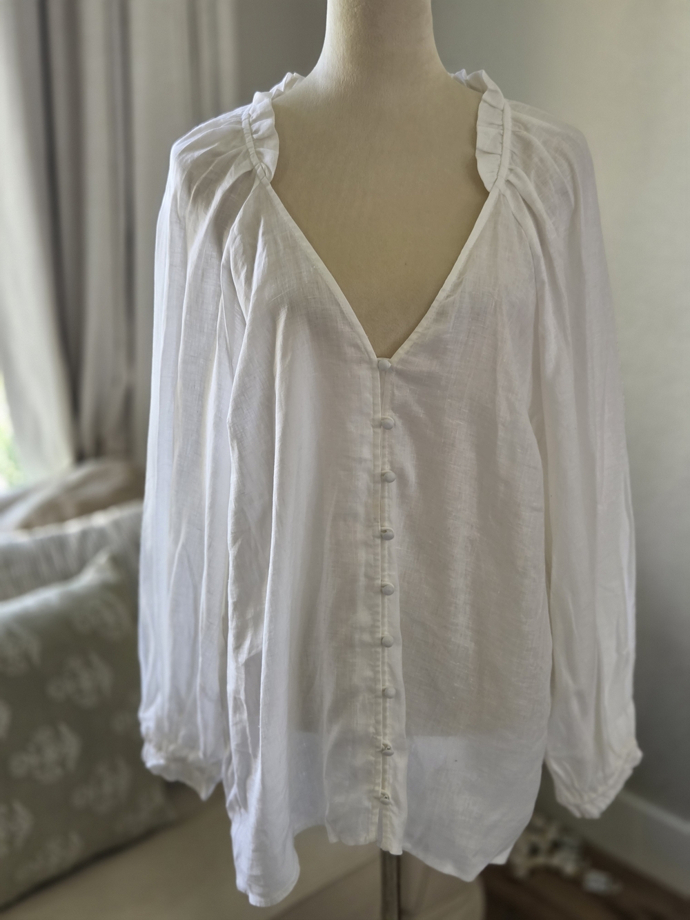 Anthropologie White V-Neck Button Blouse
